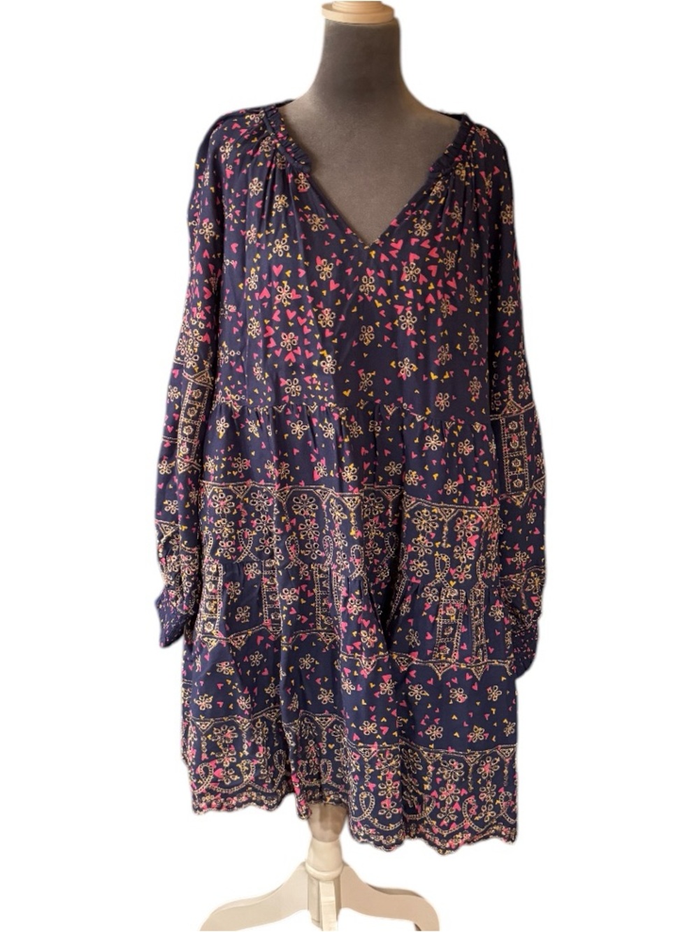 Hale Bob Navy Floral V-Neck Tiered Mini Dress